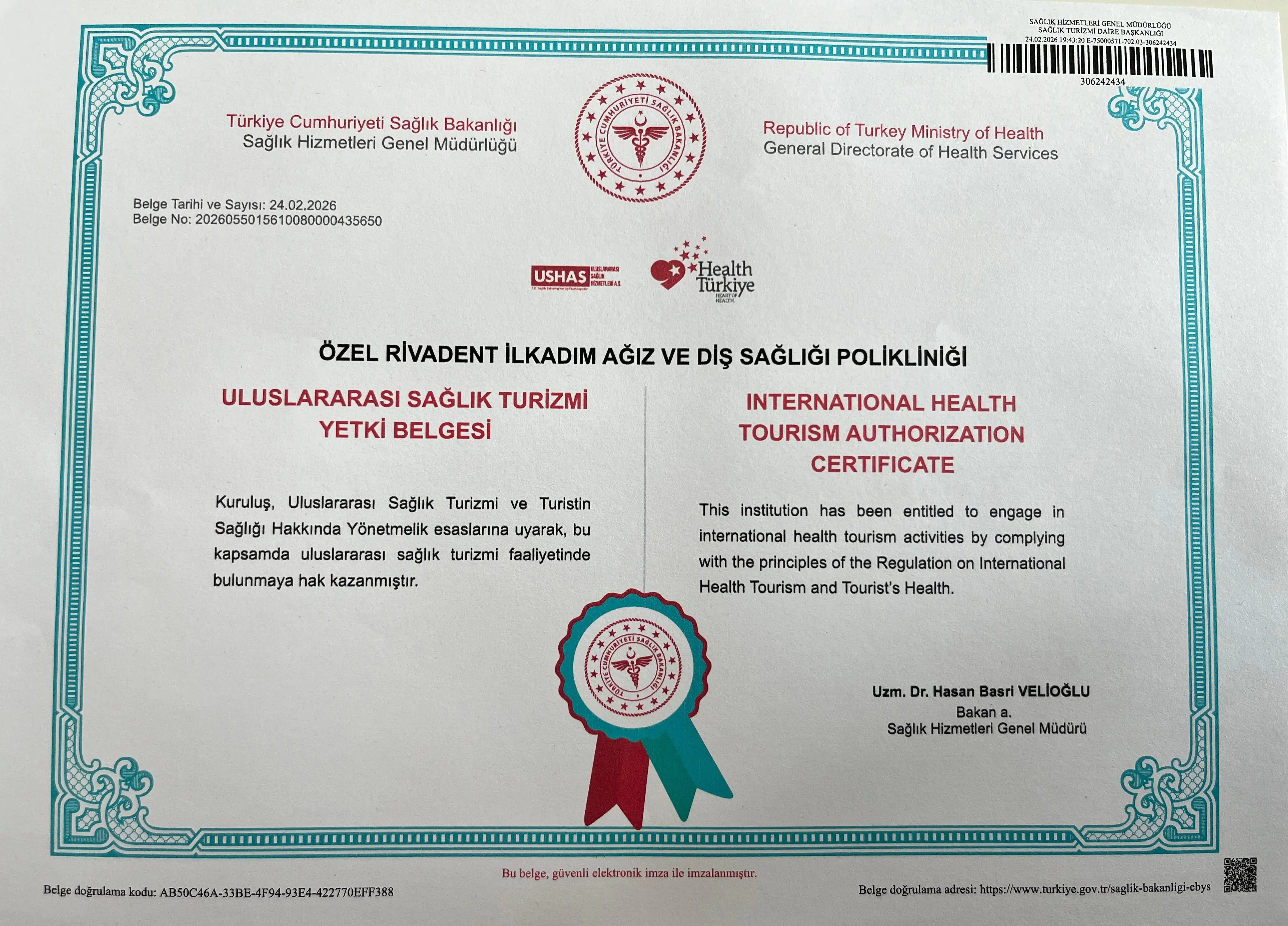 RivaDent İlkadım Diş Polikliniği Uluslararası Sağlık Turizmi Yetki Belgesi - Samsun