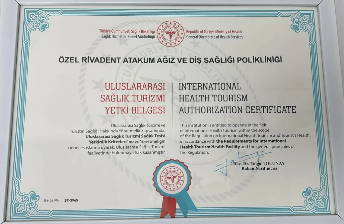 RivaDent Atakum Diş Polikliniği Uluslararası Sağlık Turizmi Yetki Belgesi - Samsun
